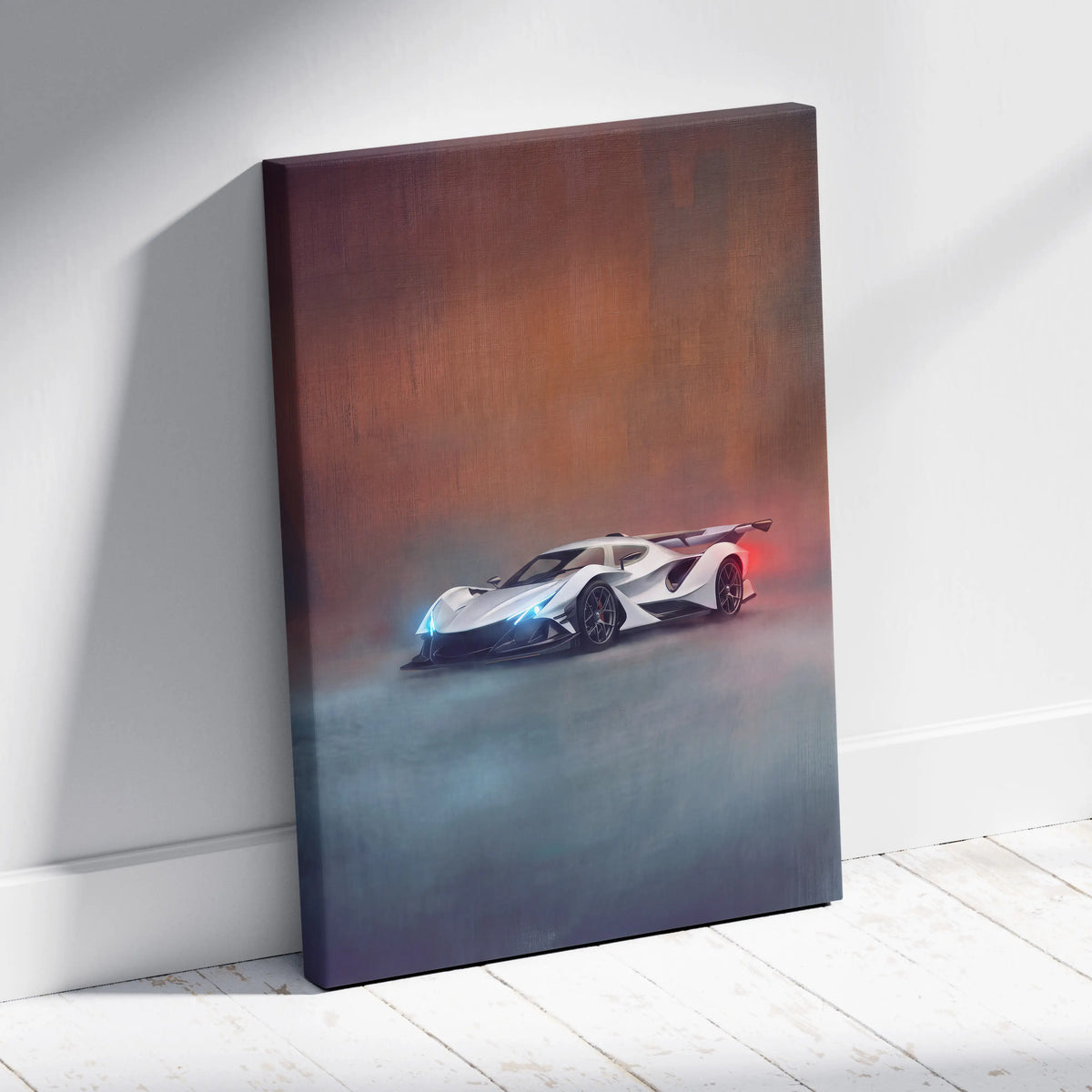 Apollo Intensa Emozione inspired white and black futuristic race car canvas art with glowing blue headlights and red taillights