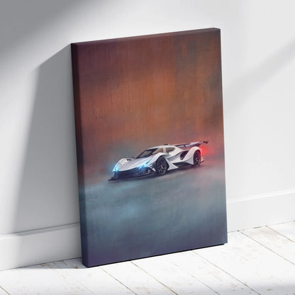 Apollo Intensa Emozione inspired white and black futuristic race car canvas art with glowing blue headlights and red taillights