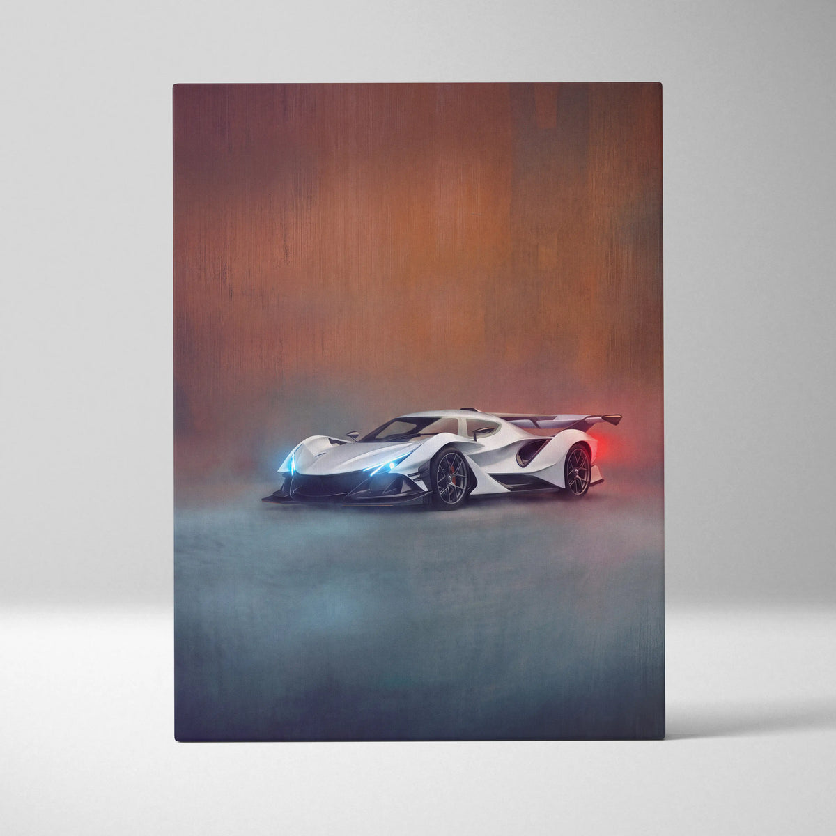 Apollo intensa emozione inspired supercar canvas art print featuring a white and black sports car with blue headlights