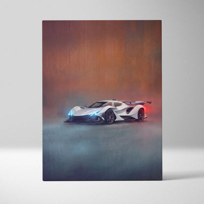 Apollo intensa emozione inspired supercar canvas art print featuring a white and black sports car with blue headlights