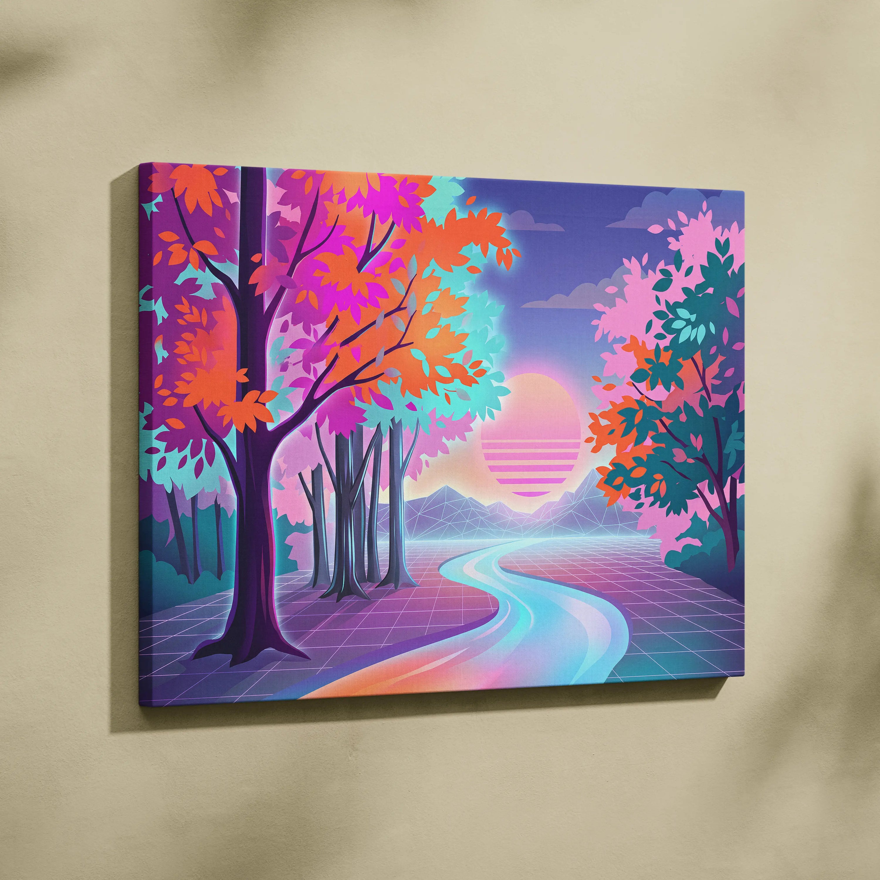 Neon Sunset Vaporwave Canvas - Vaporwave Landscape Neon Pink Teal Living Room Dreamy Nostalgic Wall Art Canvas