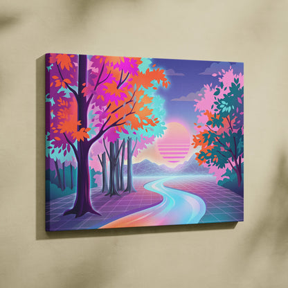 Neon Sunset Vaporwave Canvas - Vaporwave Landscape Neon Pink Teal Living Room Dreamy Nostalgic Wall Art Canvas
