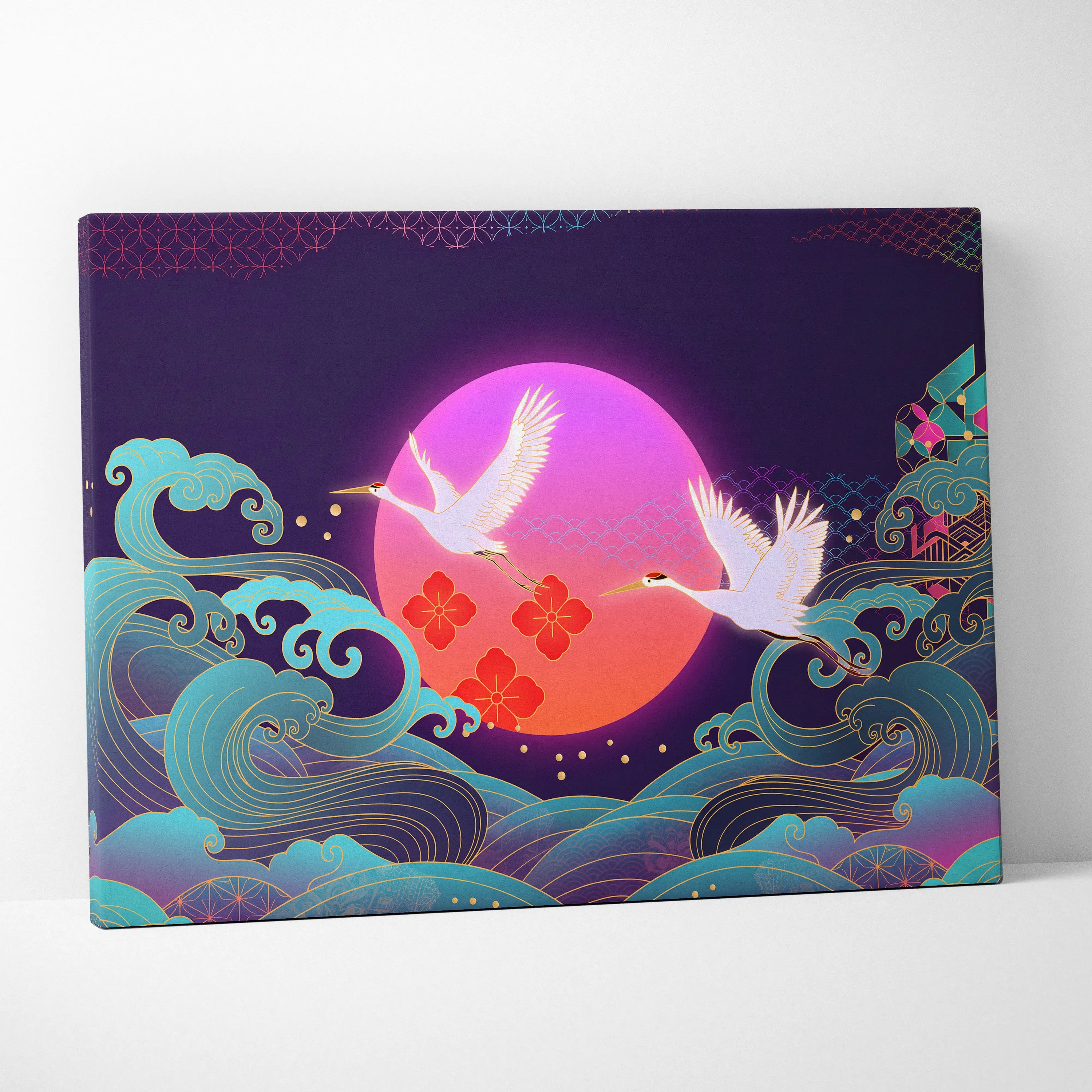 Neo Tokyo Vaporwave Crane Sunset - Japan Landscape Vaporwave Neon Pink Teal Dreamy Nostalgic Synthwave Canvas Art