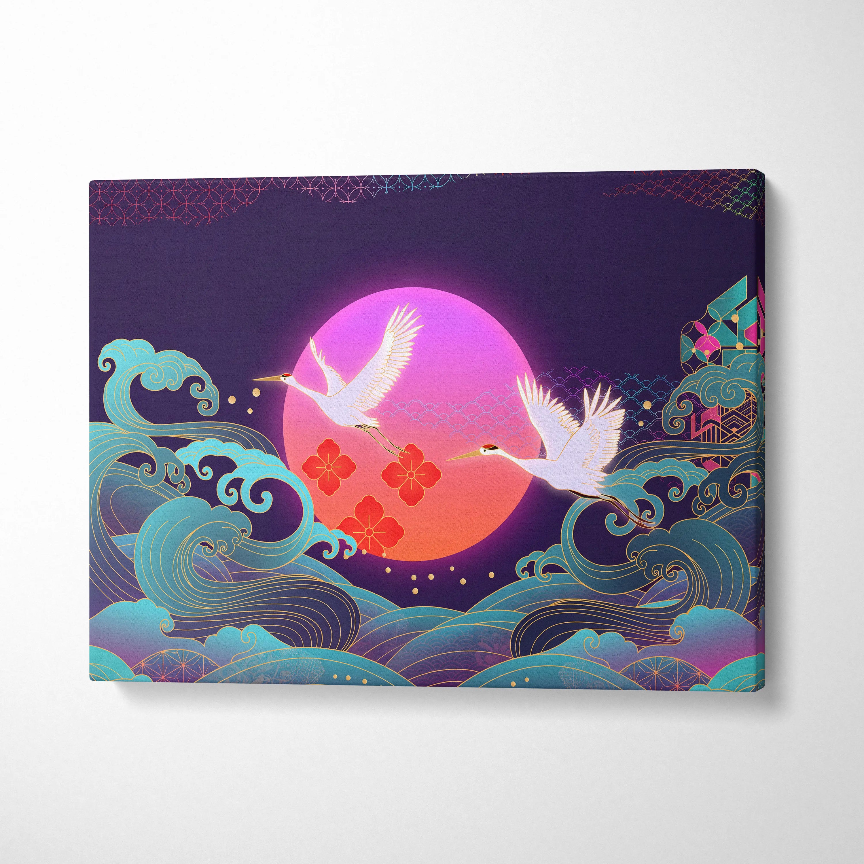 Neo Tokyo Vaporwave Crane Sunset - Japan Landscape Vaporwave Neon Pink Teal Dreamy Nostalgic Synthwave Canvas Art