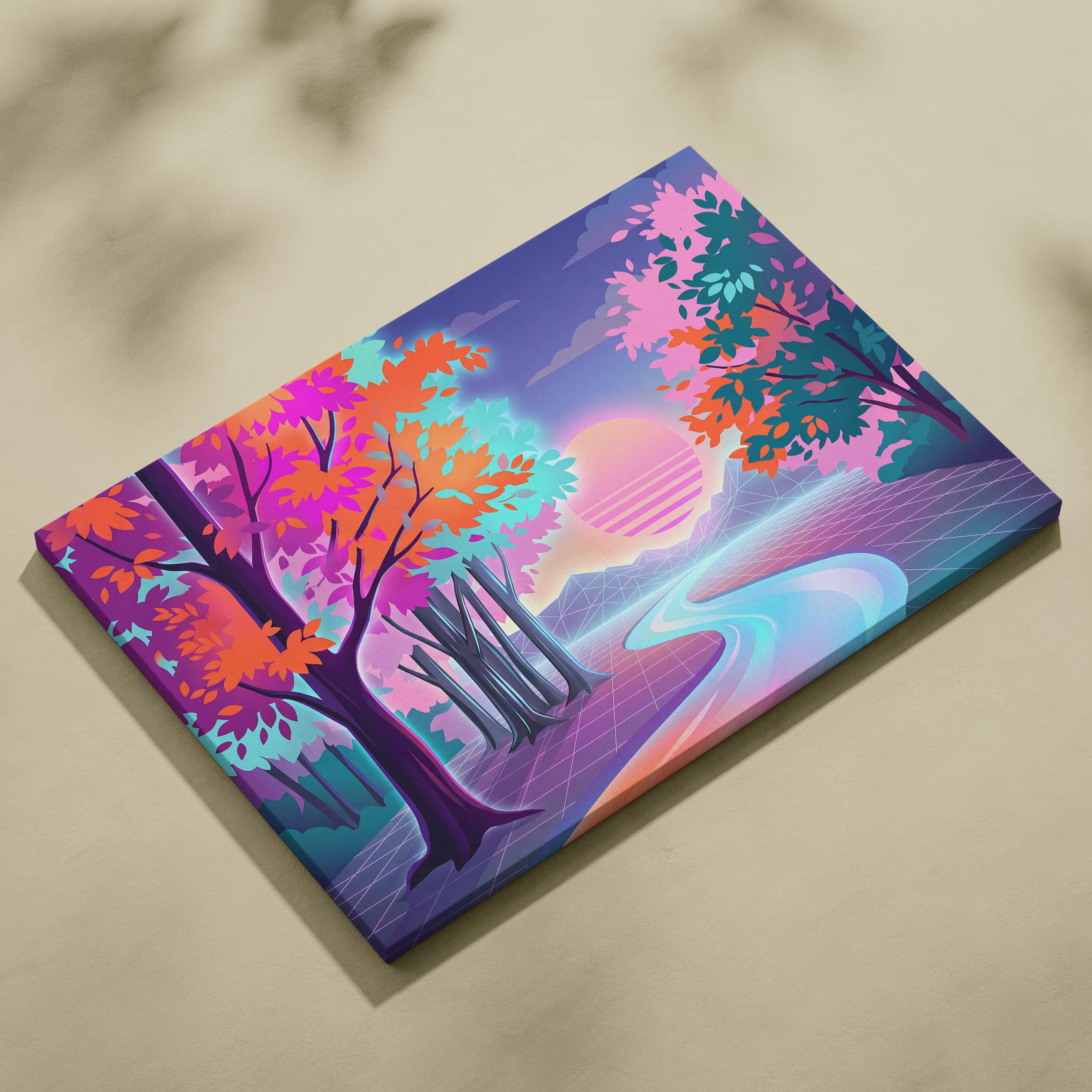 Neon Sunset Vaporwave Canvas - Vaporwave Landscape Neon Pink Teal Living Room Dreamy Nostalgic Wall Art Canvas