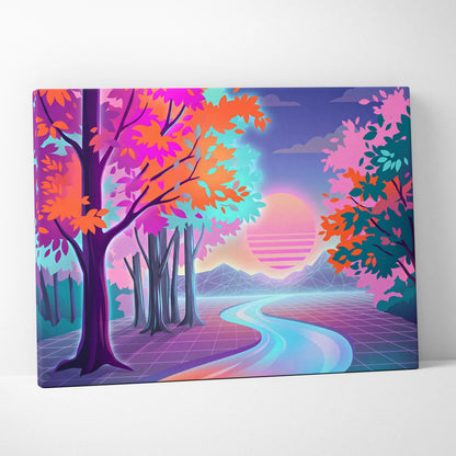 Neon Sunset Vaporwave Canvas - Vaporwave Landscape Neon Pink Teal Living Room Dreamy Nostalgic Wall Art Canvas