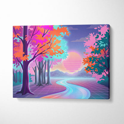 Neon Sunset Vaporwave Canvas - Vaporwave Landscape Neon Pink Teal Living Room Dreamy Nostalgic Wall Art Canvas