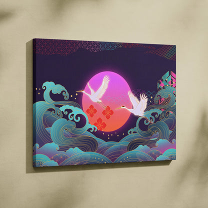 Neo Tokyo Vaporwave Crane Sunset - Japan Landscape Vaporwave Neon Pink Teal Dreamy Nostalgic Synthwave Canvas Art