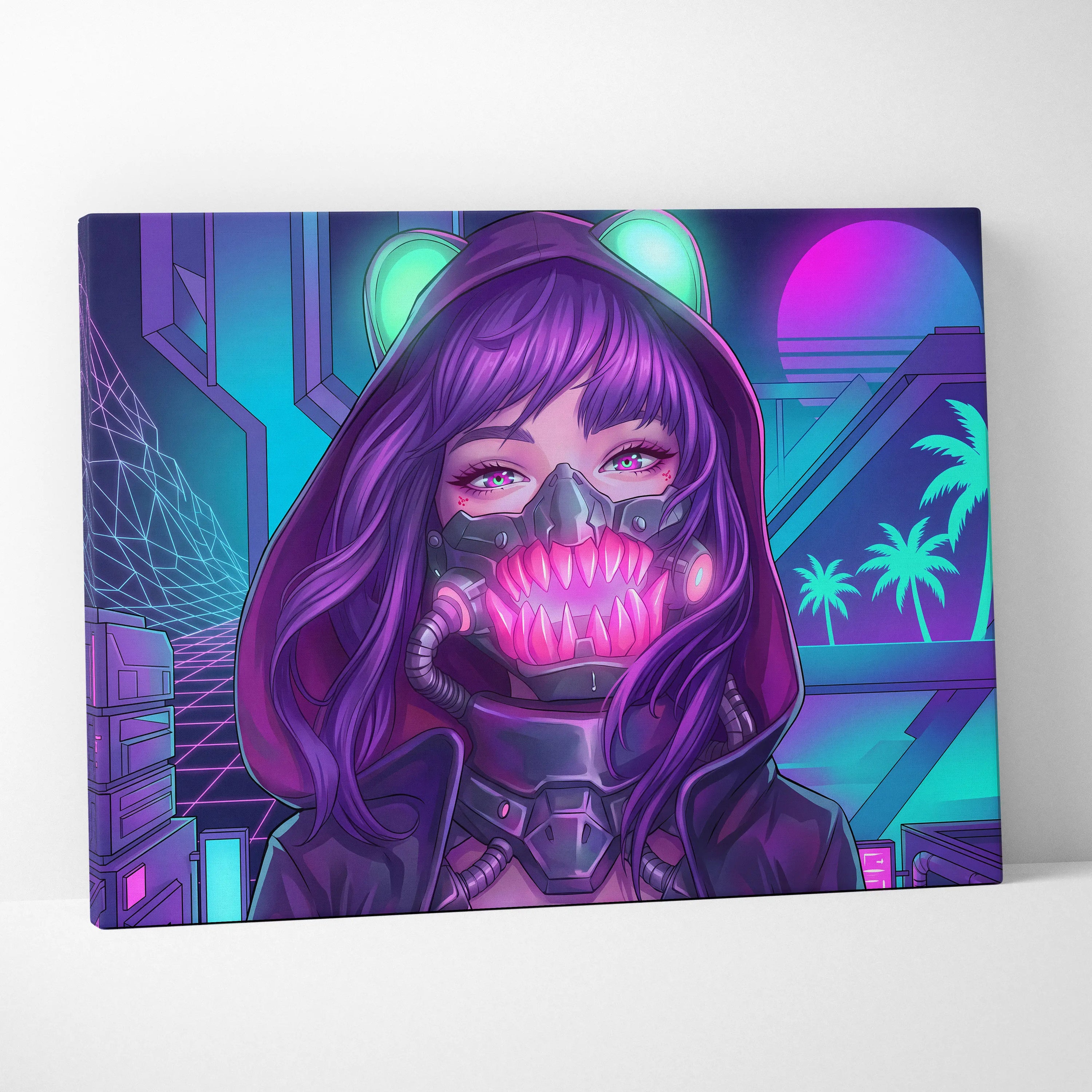 Vaporwave Neon Portrait Canvas - Vaporwave Portrait Neon Pink Purple Living Room Retro Moody Vibes Decor Canvas Print