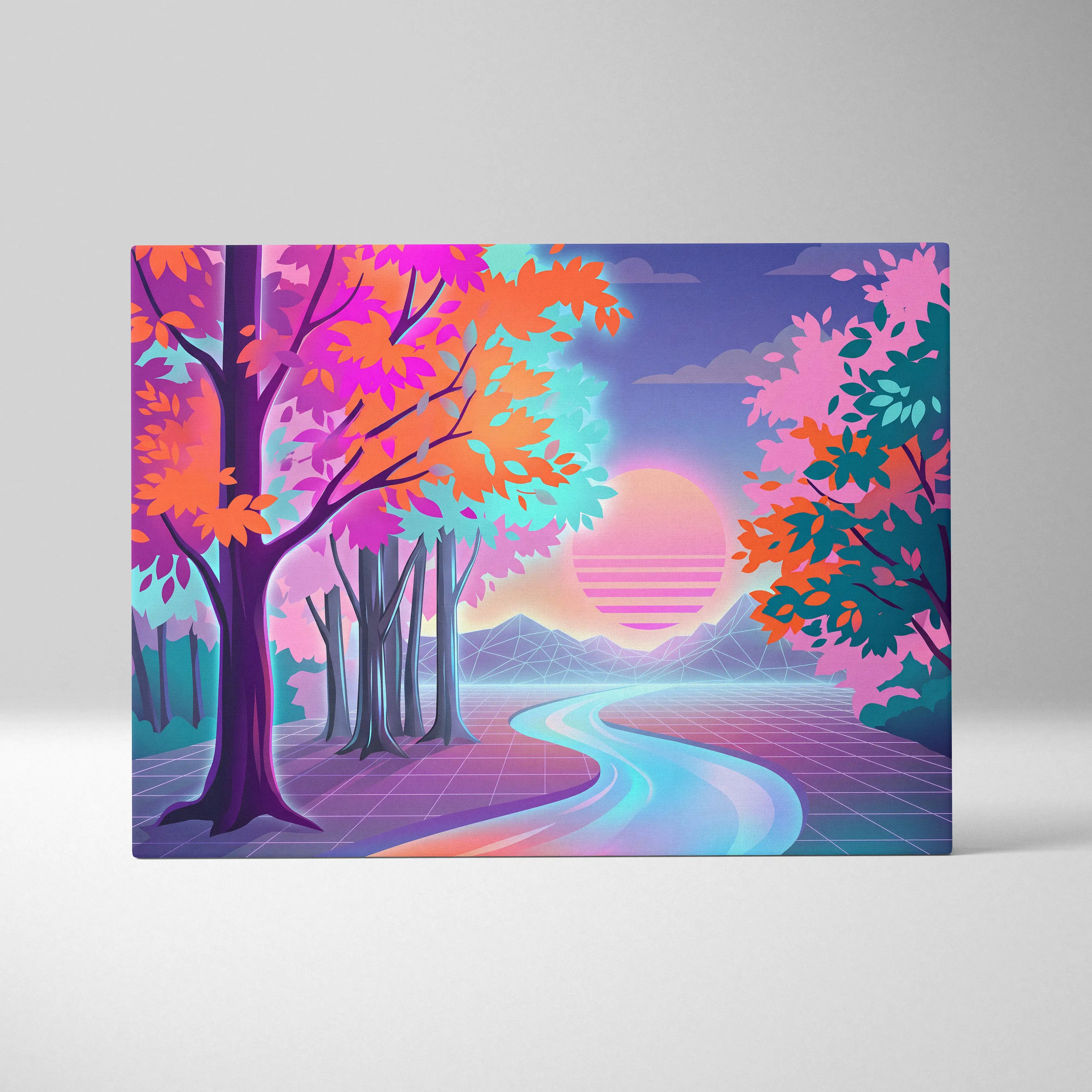 Neon Sunset Vaporwave Canvas - Vaporwave Landscape Neon Pink Teal Living Room Dreamy Nostalgic Wall Art Canvas