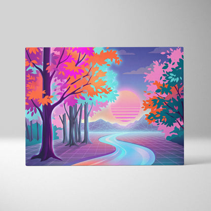 Neon Sunset Vaporwave Canvas - Vaporwave Landscape Neon Pink Teal Living Room Dreamy Nostalgic Wall Art Canvas