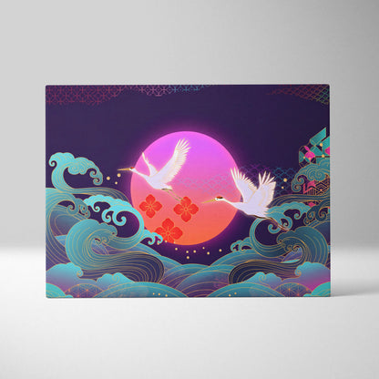Neo Tokyo Vaporwave Crane Sunset - Japan Landscape Vaporwave Neon Pink Teal Dreamy Nostalgic Synthwave Canvas Art