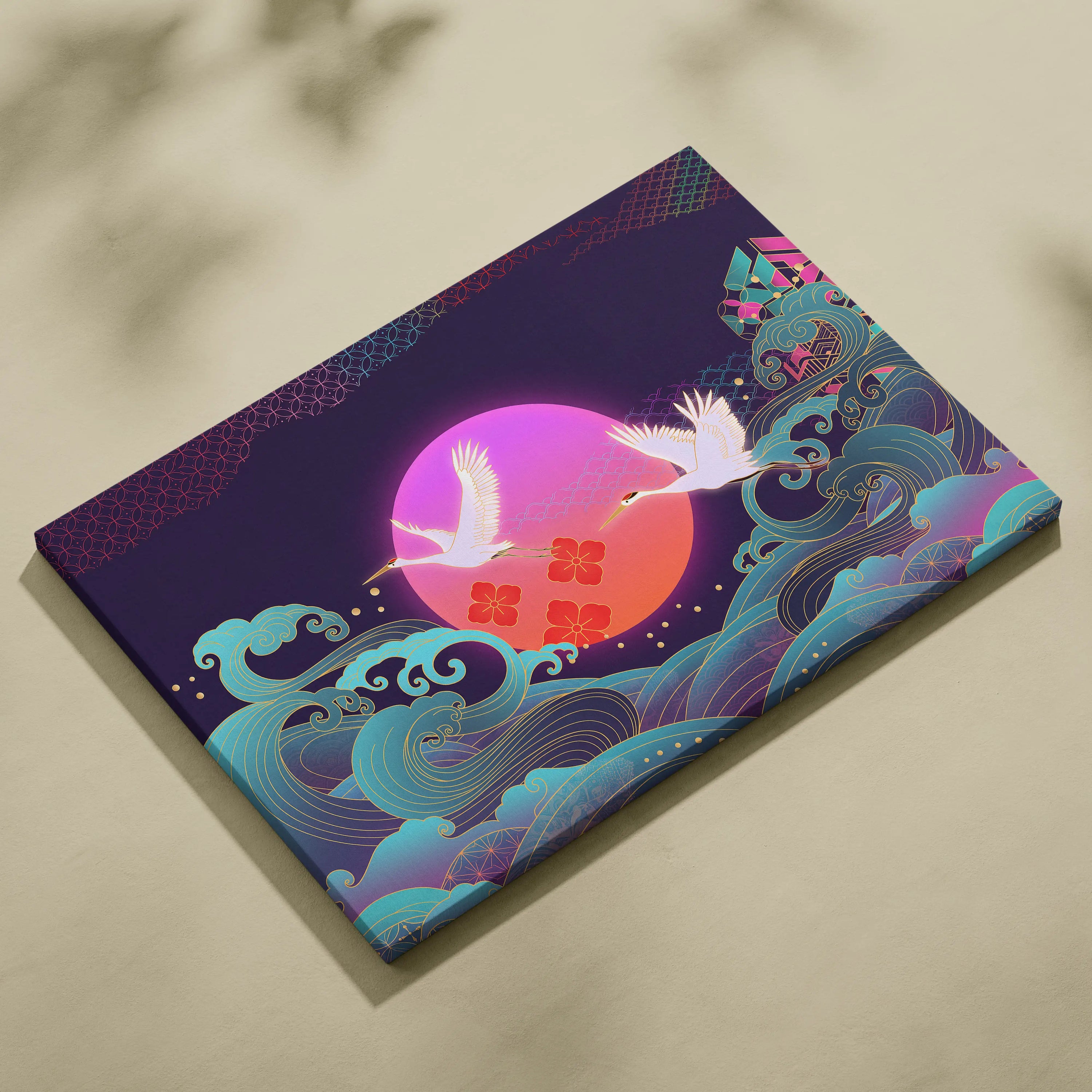 Neo Tokyo Vaporwave Crane Sunset - Japan Landscape Vaporwave Neon Pink Teal Dreamy Nostalgic Synthwave Canvas Art