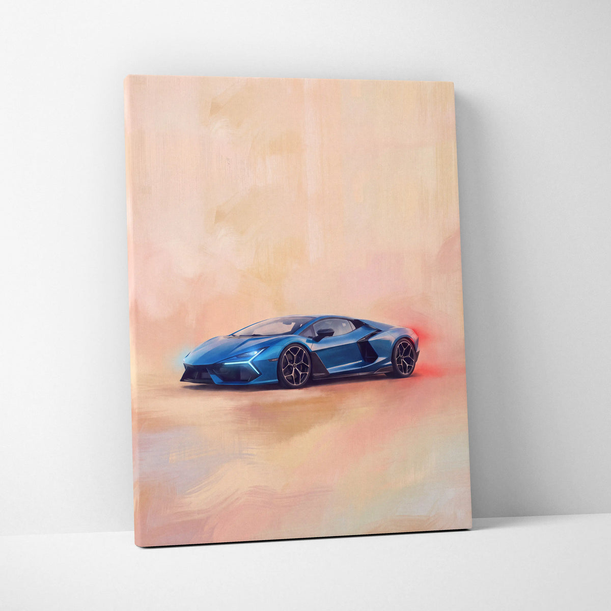 A vibrant blue lamborghini sports car in dynamic painterly style on canvas for premium automotive wall decor