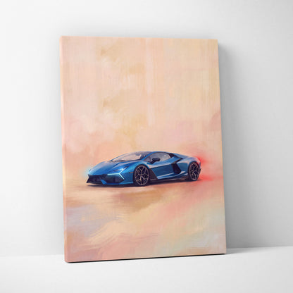 A vibrant blue lamborghini sports car in dynamic painterly style on canvas for premium automotive wall decor