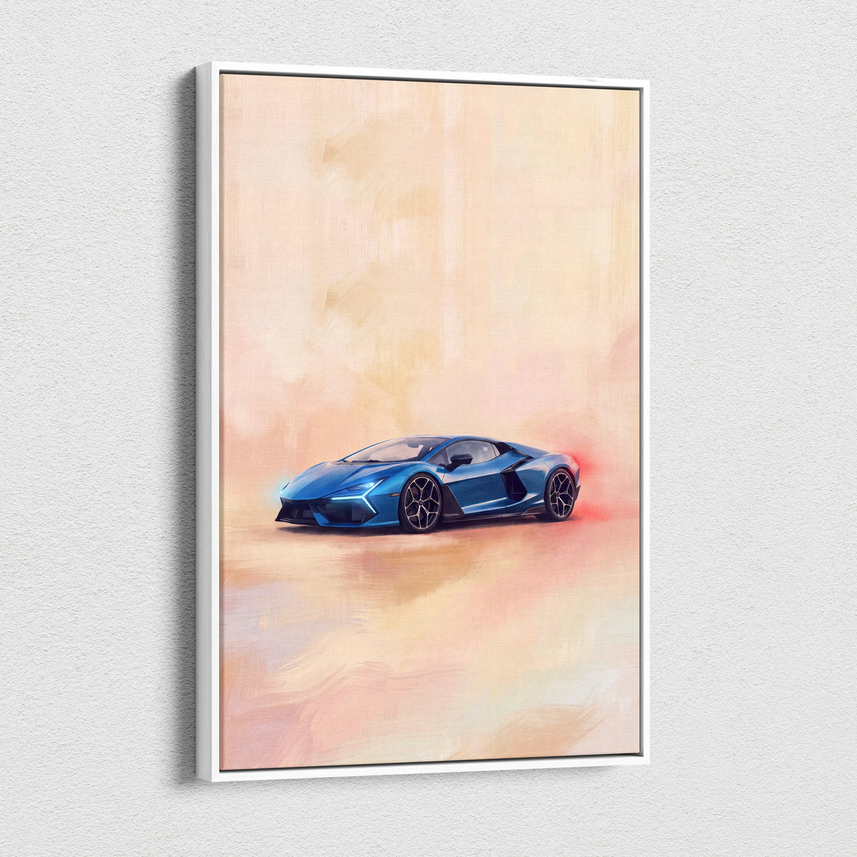 Blue Lamborghini sports car artwork in a white frame premium canvas art for automotive wall decor