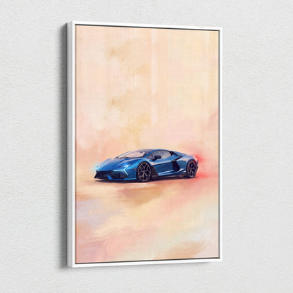 Blue Lamborghini sports car artwork in a white frame premium canvas art for automotive wall decor