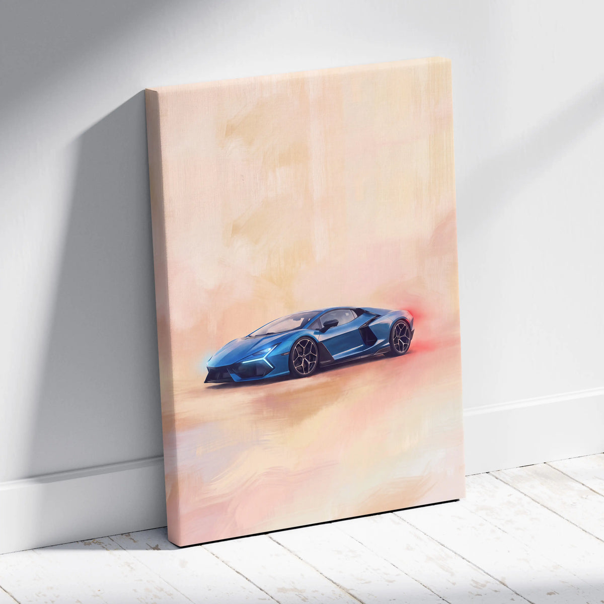 Blue lamborghini sports car illustration on beige canvas wall hanging premium automotive decor