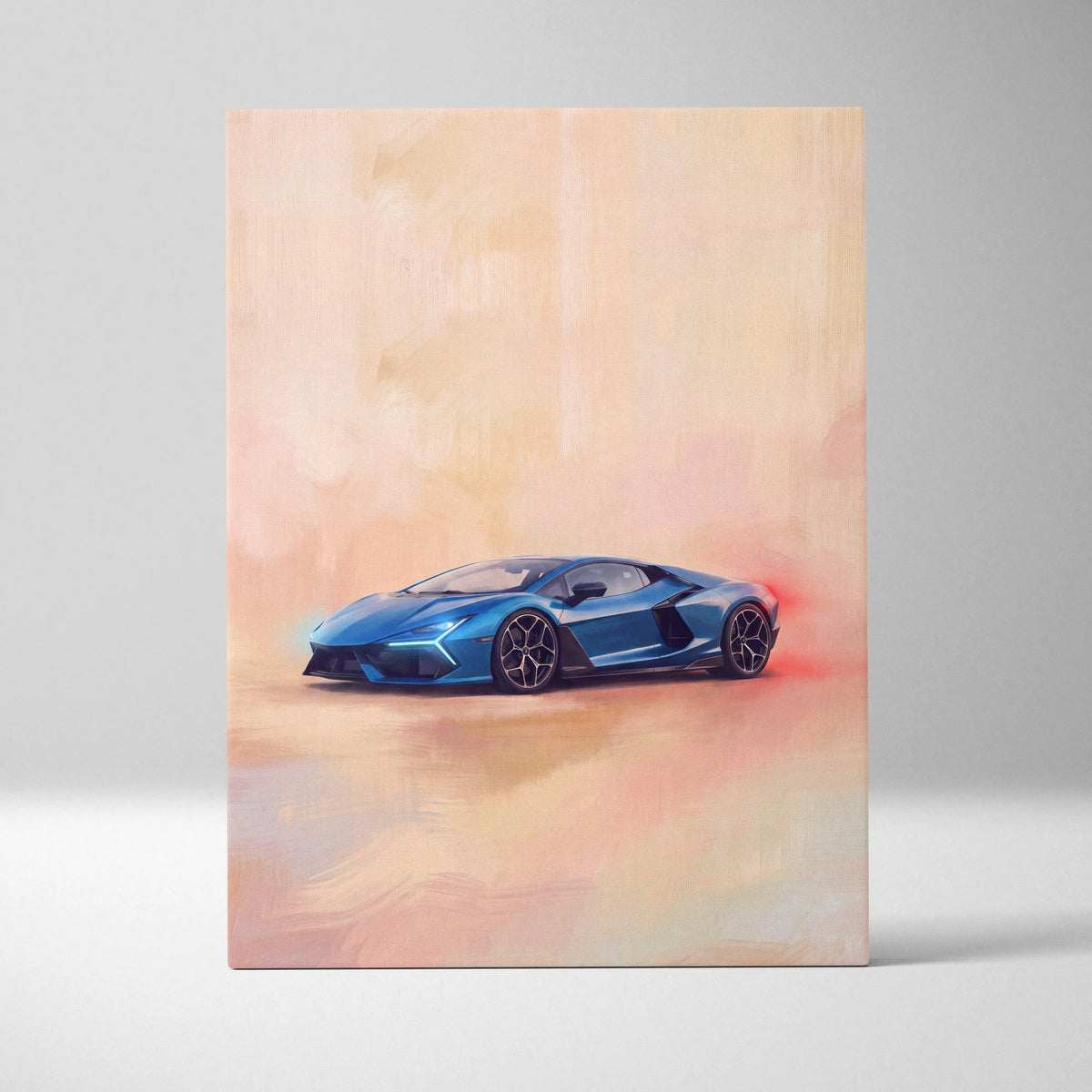 A vibrant blue Lamborghini Revuelto inspired dynamic watercolor canvas art premium automotive wall decor