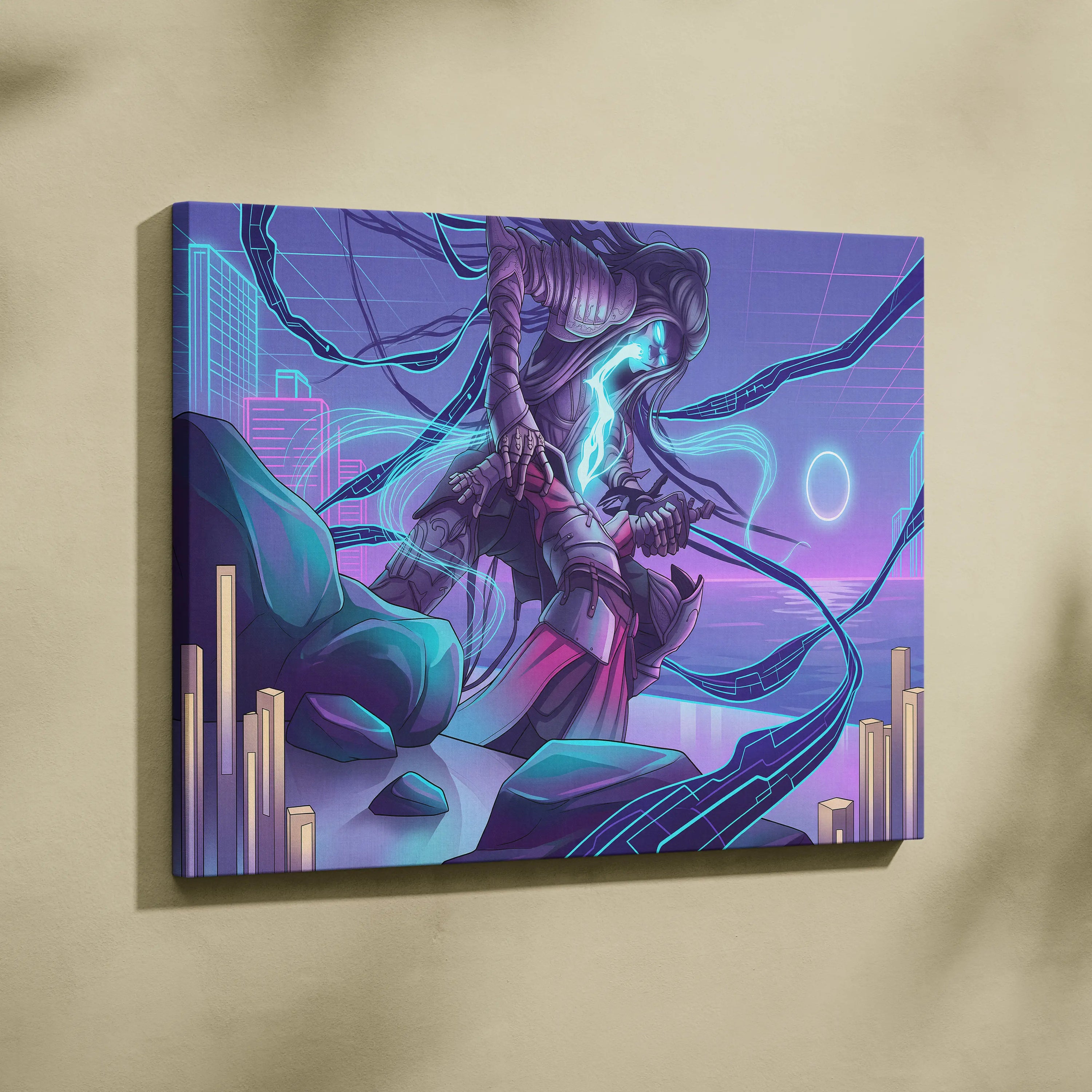 Vaporwave Neon Warrior Canvas - Vaporwave Neon Warrior Purple Cyan Living Room Decor Moody Neon Grid Canvas
