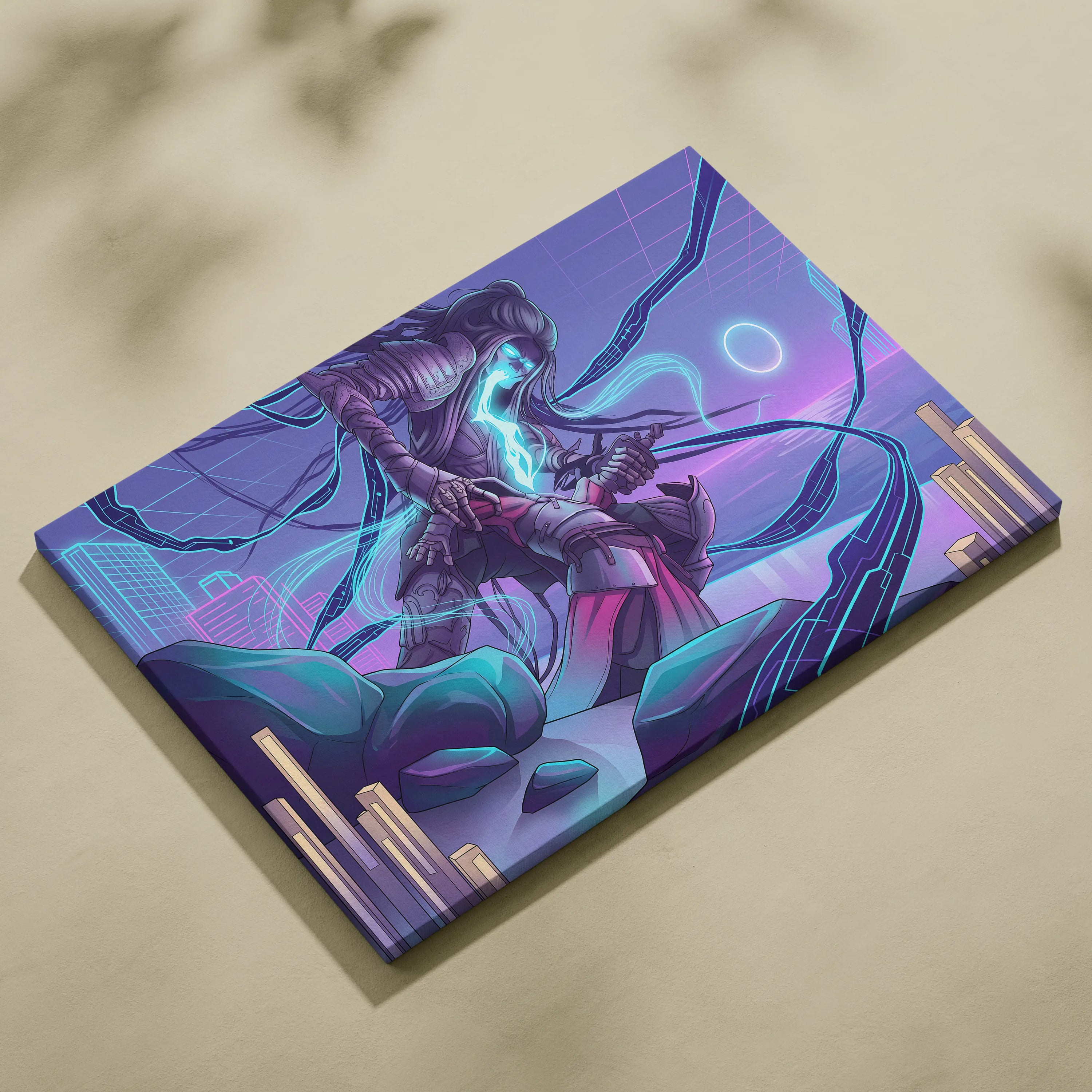 Vaporwave Neon Warrior Canvas - Vaporwave Neon Warrior Purple Cyan Living Room Decor Moody Neon Grid Canvas