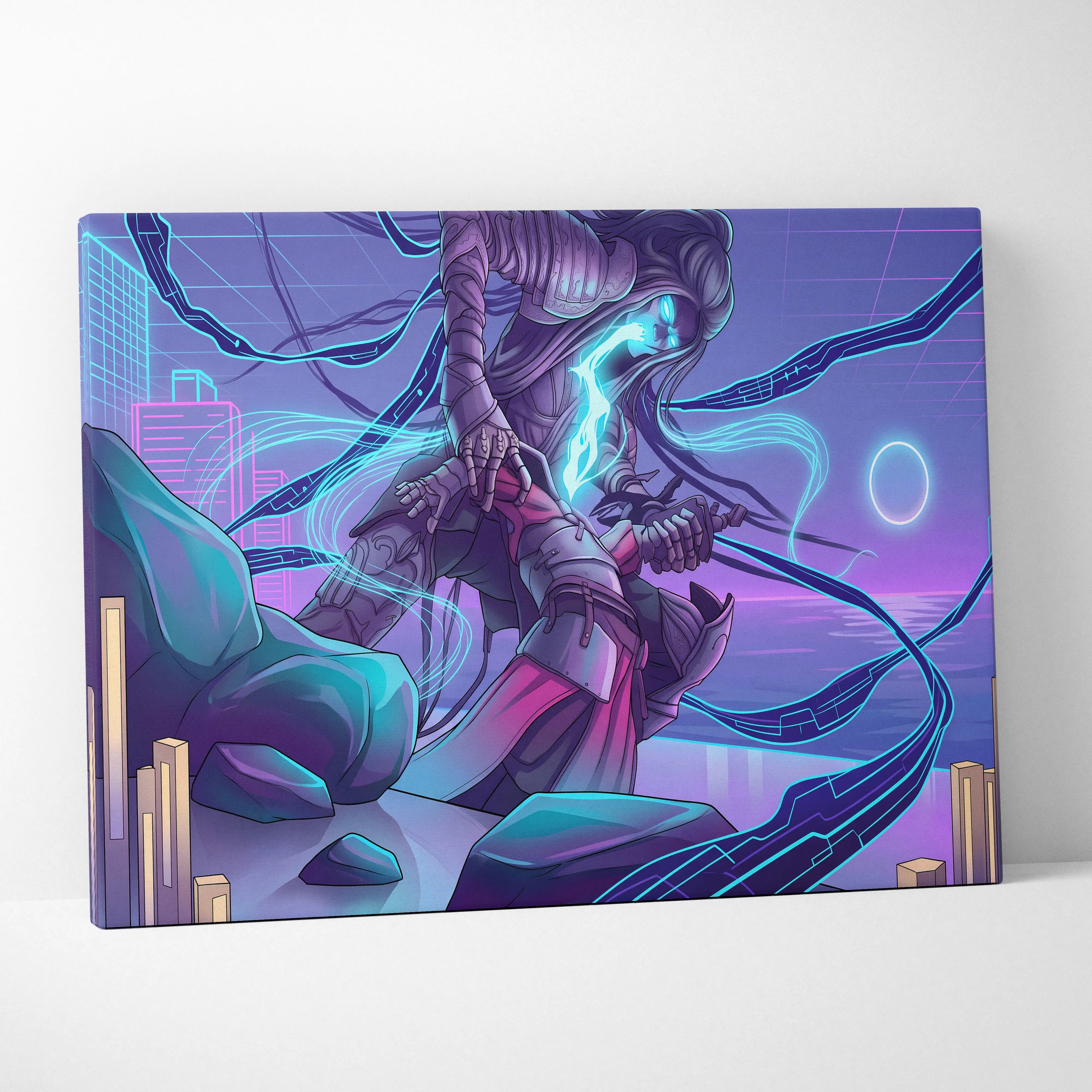 Vaporwave Neon Warrior Canvas - Vaporwave Neon Warrior Purple Cyan Living Room Decor Moody Neon Grid Canvas
