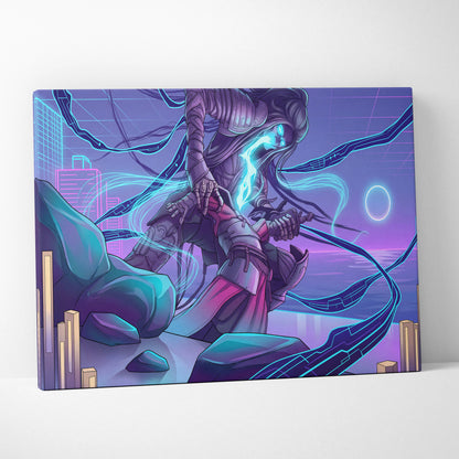 Vaporwave Neon Warrior Canvas - Vaporwave Neon Warrior Purple Cyan Living Room Decor Moody Neon Grid Canvas