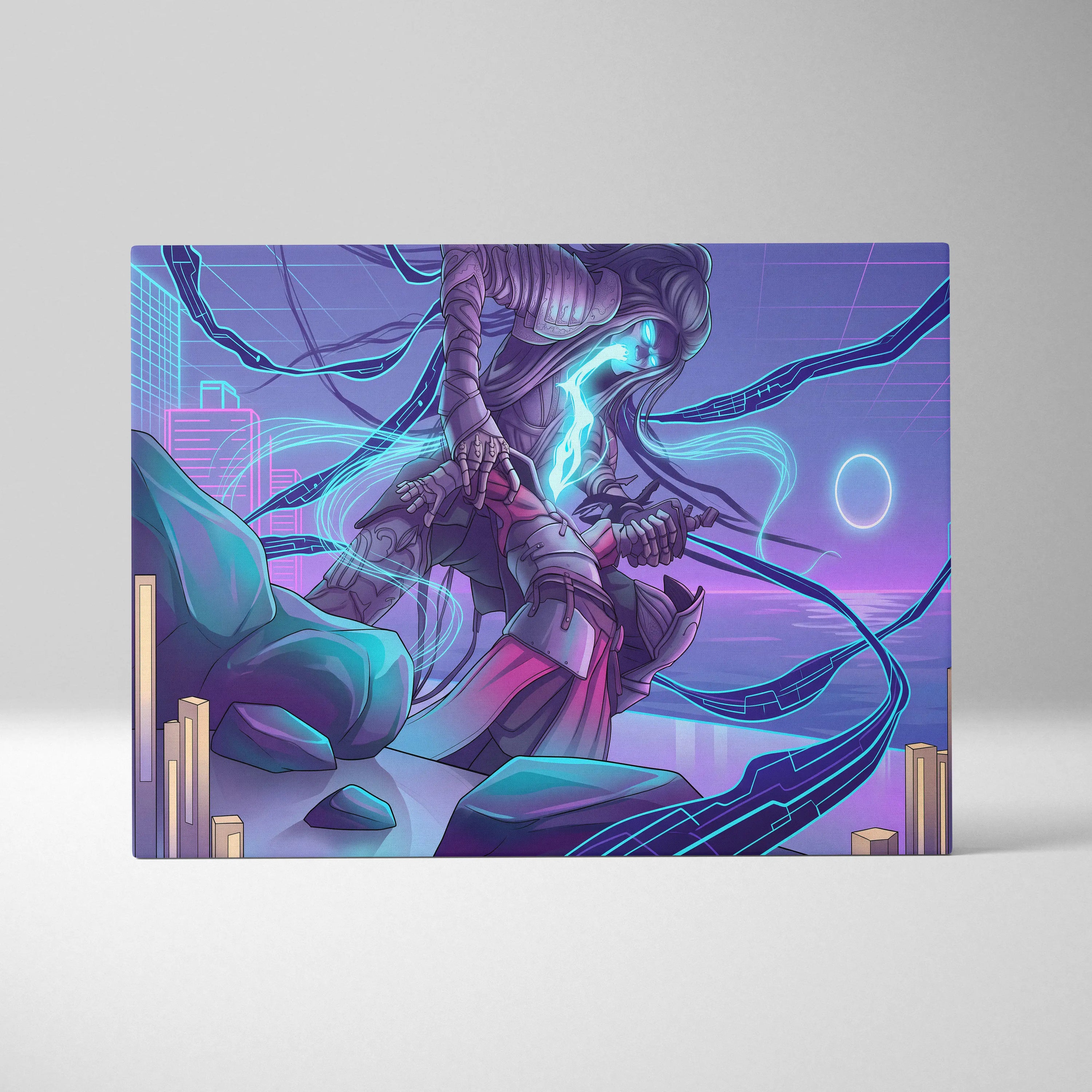Vaporwave Neon Warrior Canvas - Vaporwave Neon Warrior Purple Cyan Living Room Decor Moody Neon Grid Canvas
