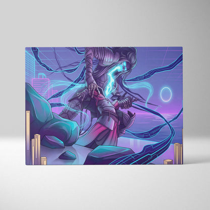 Vaporwave Neon Warrior Canvas - Vaporwave Neon Warrior Purple Cyan Living Room Decor Moody Neon Grid Canvas