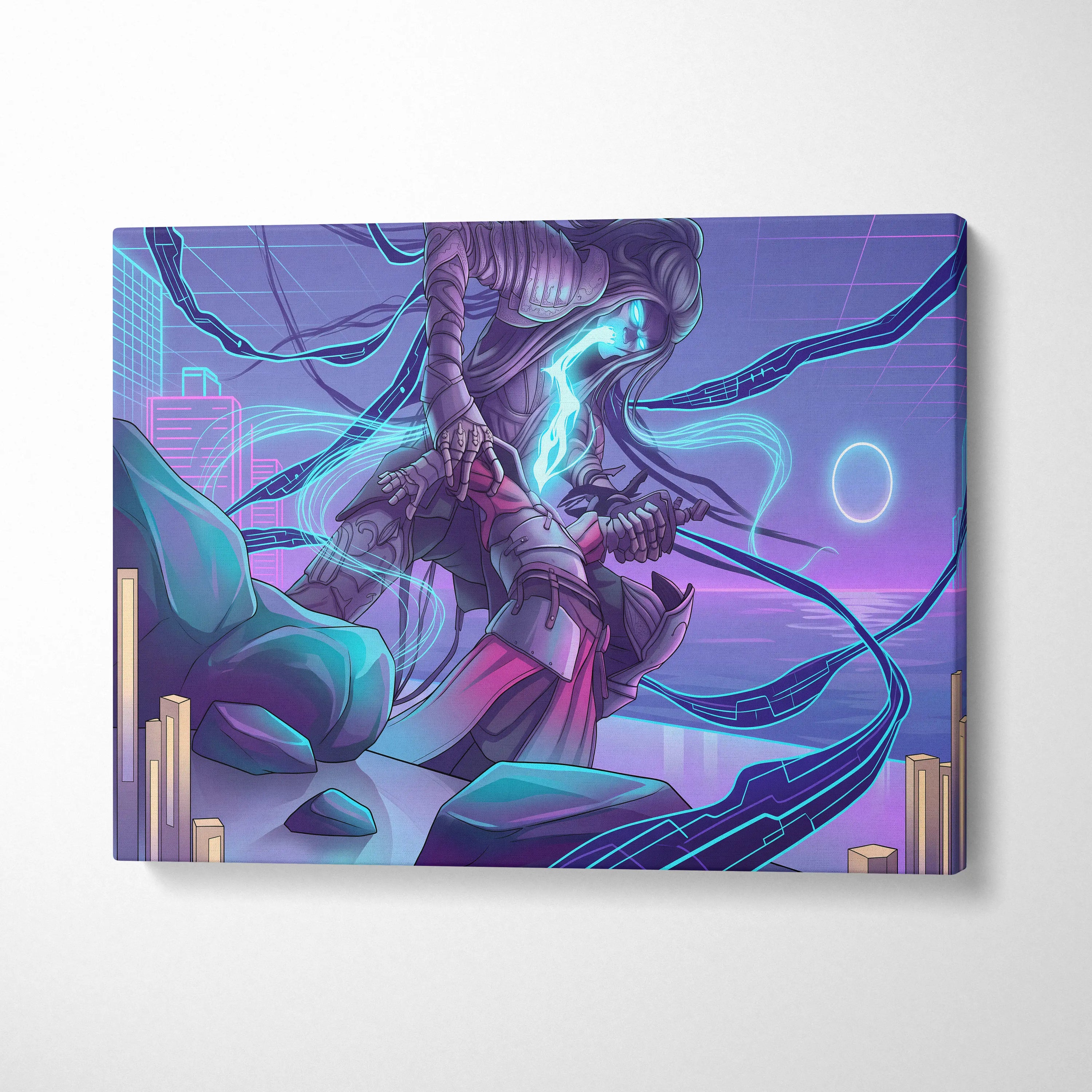 Vaporwave Neon Warrior Canvas - Vaporwave Neon Warrior Purple Cyan Living Room Decor Moody Neon Grid Canvas