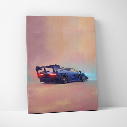 Blue mclaren senna inspired sports car canvas print showing back with glowing red taillights and rear spoiler