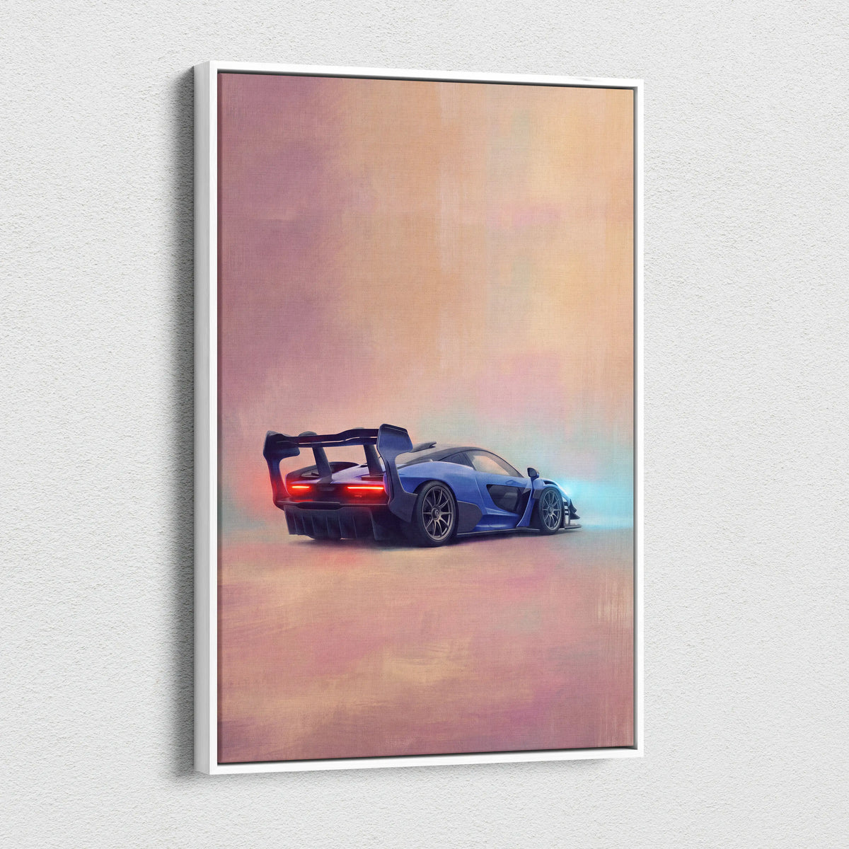 Blue McLaren Senna inspired automotive wall art in a white frame luxury supercar canvas print for decor