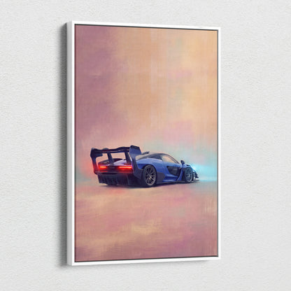 Blue McLaren Senna inspired automotive wall art in a white frame luxury supercar canvas print for decor