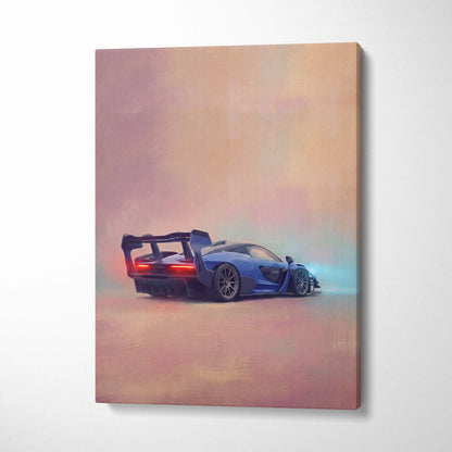 Blue mclaren senna inspired sports car canvas print showing rear with glowing red taillights and rear spoiler