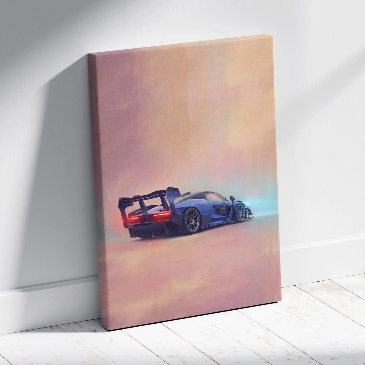 Blue McLaren Senna inspired supercar canvas wall art with glowing red taillights and sleek aerodynamic design