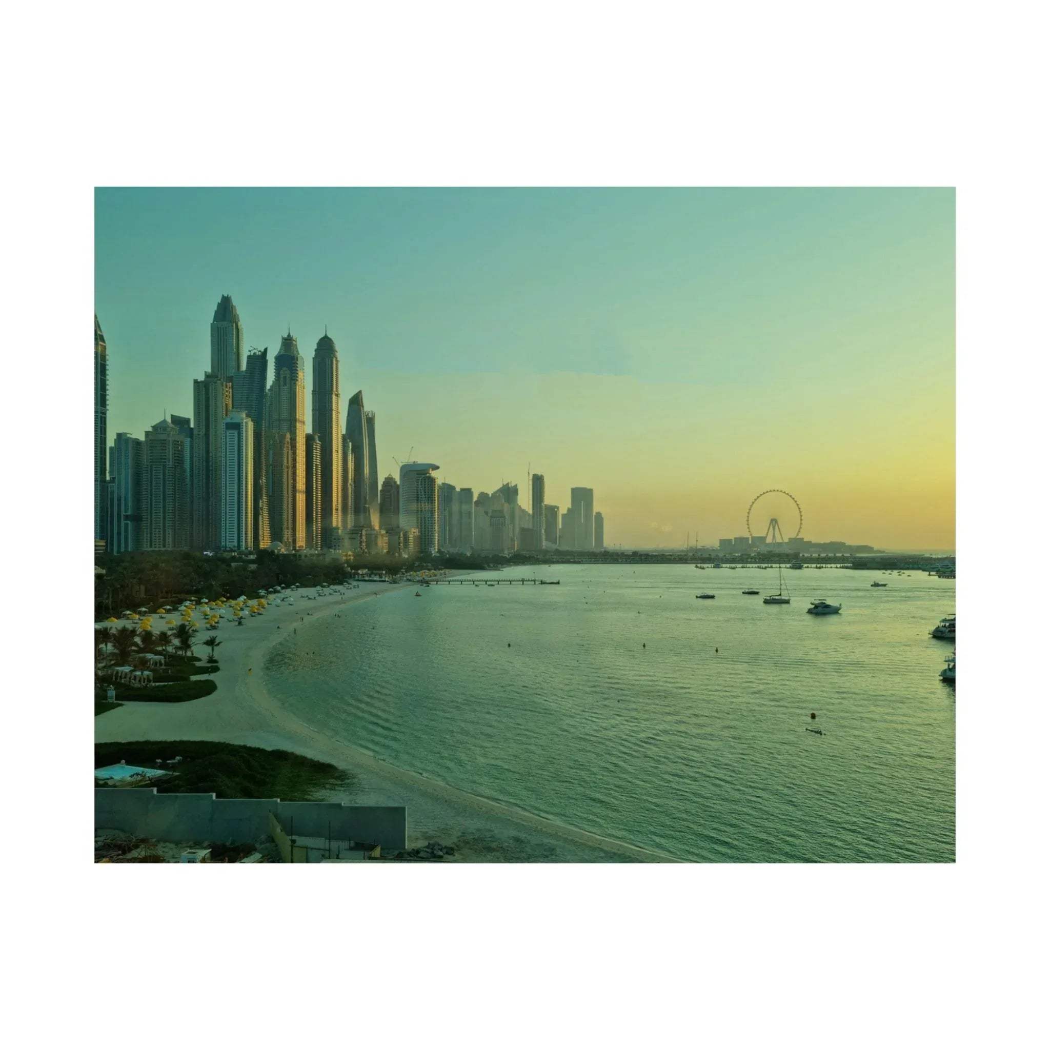 Vibrant cityscape poster featuring modern skyscrapers and waterfront at sunset, wall art for urban decor.
