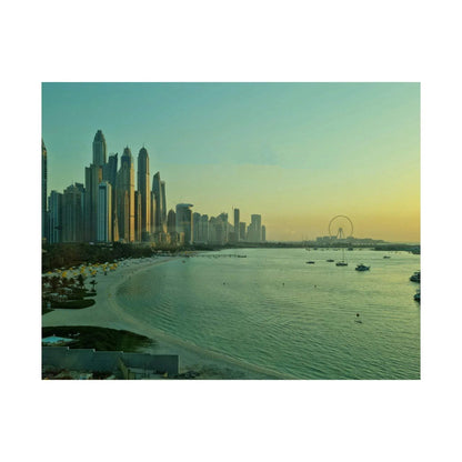 Vibrant cityscape poster featuring modern skyscrapers and waterfront at sunset, wall art for urban decor.