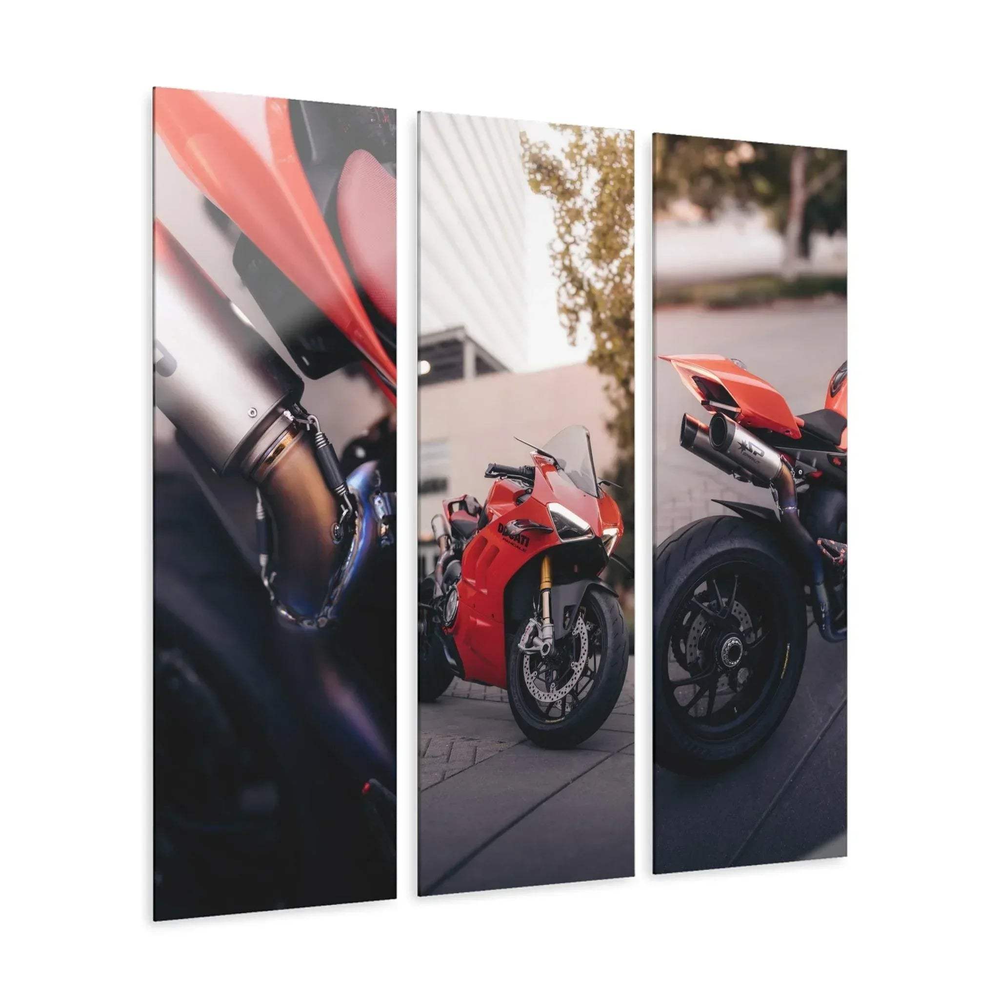 Ducati Panigale V4S motorcycle triptych canvas wall art with close-up and street views.