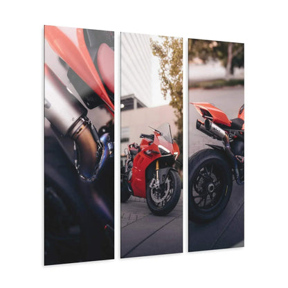 Ducati Panigale V4S motorcycle triptych canvas wall art with close-up and street views.