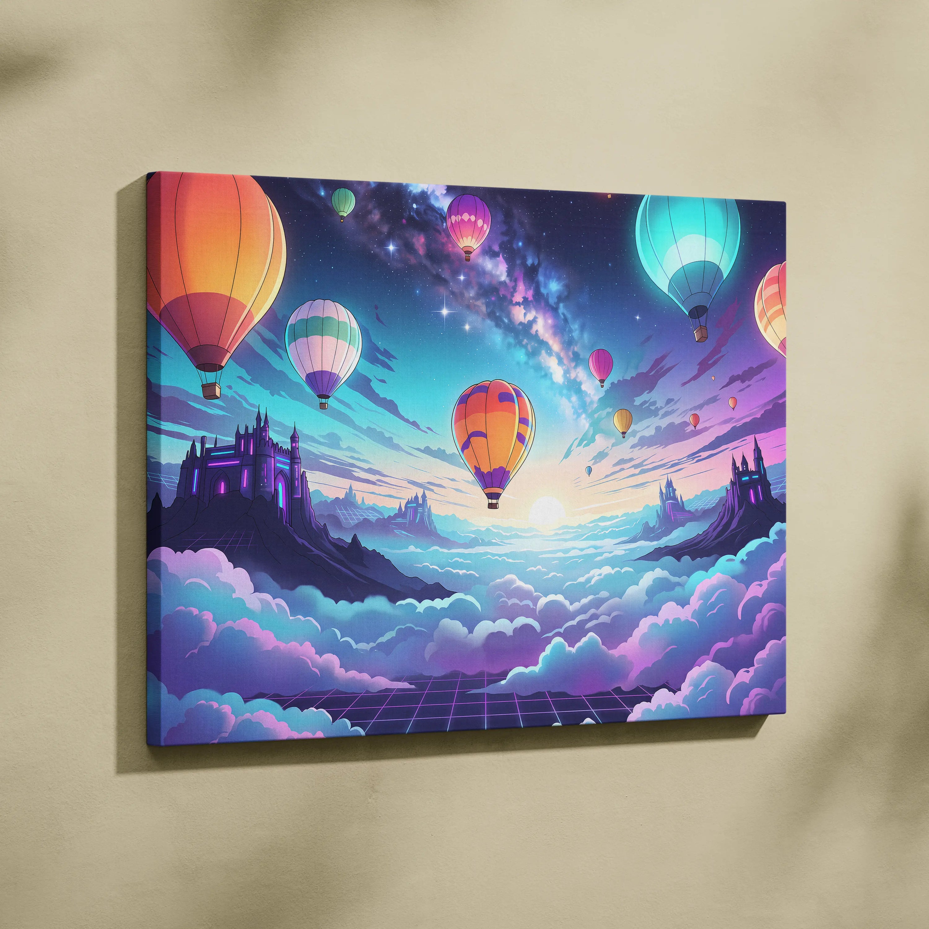 Vaporwave Neon Balloons Canvas - Hot Air Balloons Pink Turquoise Living Room Vaporwave Dreamy Retro Neon City Canvas