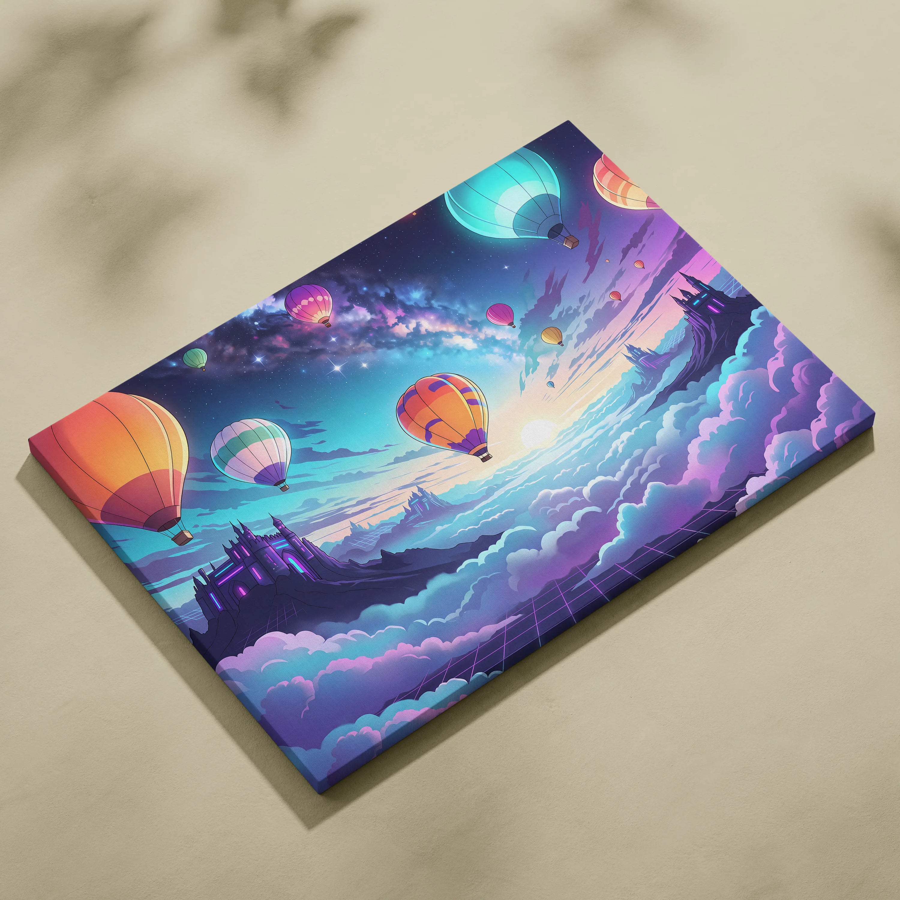 Vaporwave Neon Balloons Canvas - Hot Air Balloons Pink Turquoise Living Room Vaporwave Dreamy Retro Neon City Canvas