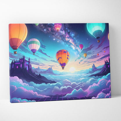Vaporwave Neon Balloons Canvas - Hot Air Balloons Pink Turquoise Living Room Vaporwave Dreamy Retro Neon City Canvas