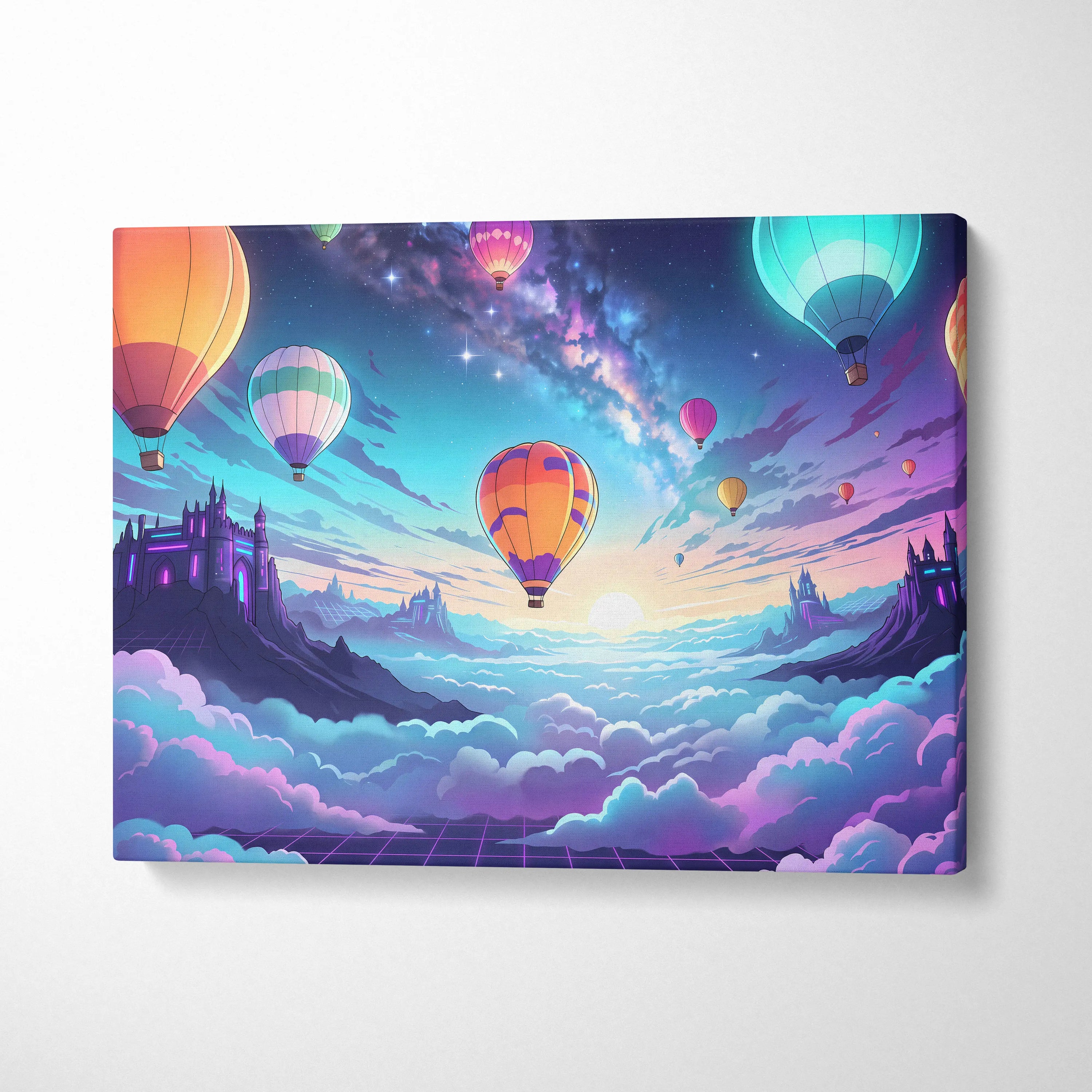 Vaporwave Neon Balloons Canvas - Hot Air Balloons Pink Turquoise Living Room Vaporwave Dreamy Retro Neon City Canvas