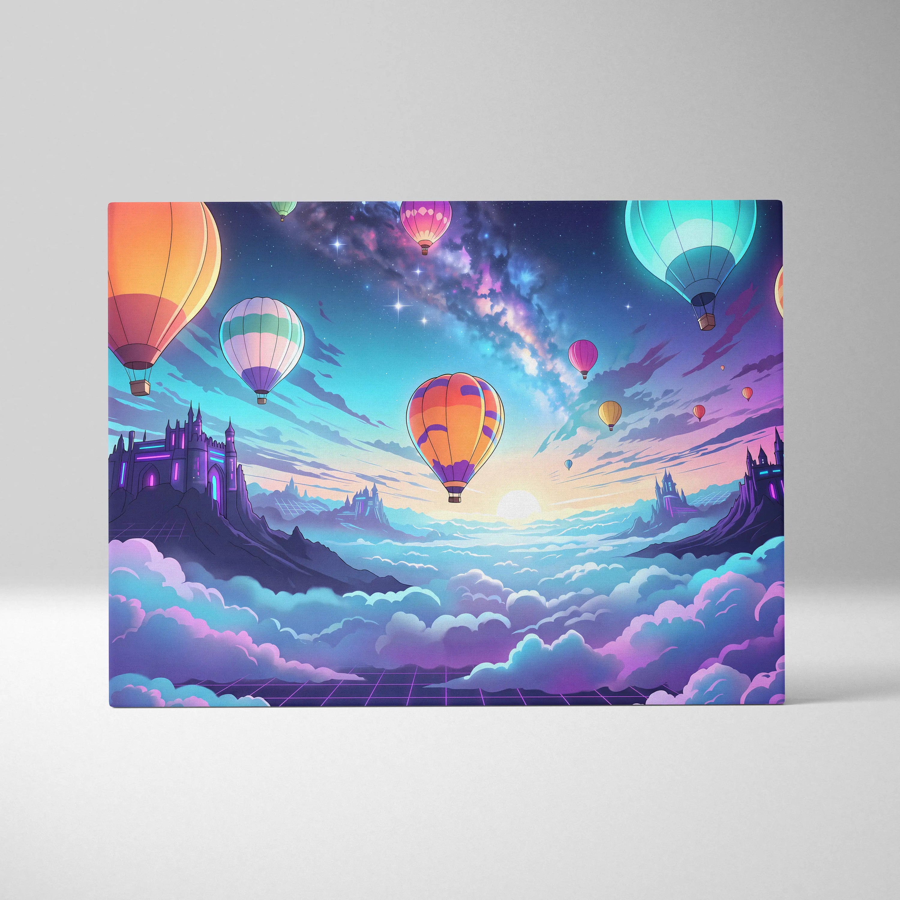 Vaporwave Neon Balloons Canvas - Hot Air Balloons Pink Turquoise Living Room Vaporwave Dreamy Retro Neon City Canvas