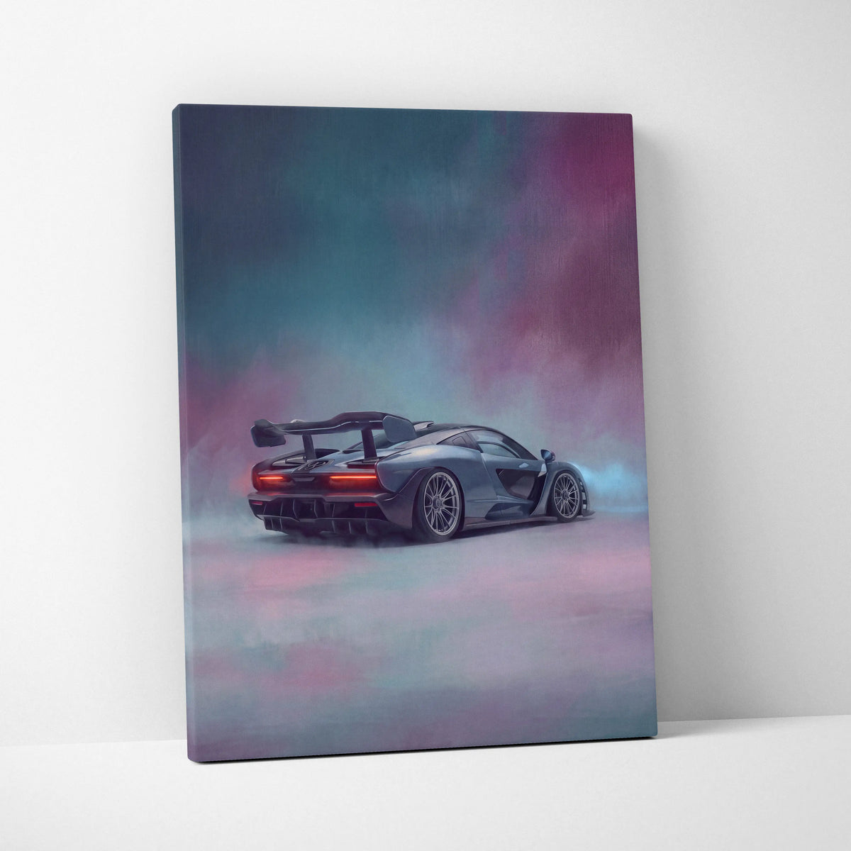 McLaren Senna inspired supercar canvas art featuring a matte gray sports car with glowing red taillights on a teal magenta sky