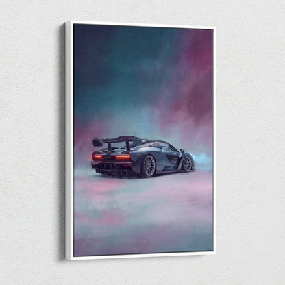 A sleek matte gray mclaren senna inspired supercar with glowing red taillights on a framed canvas wall art print
