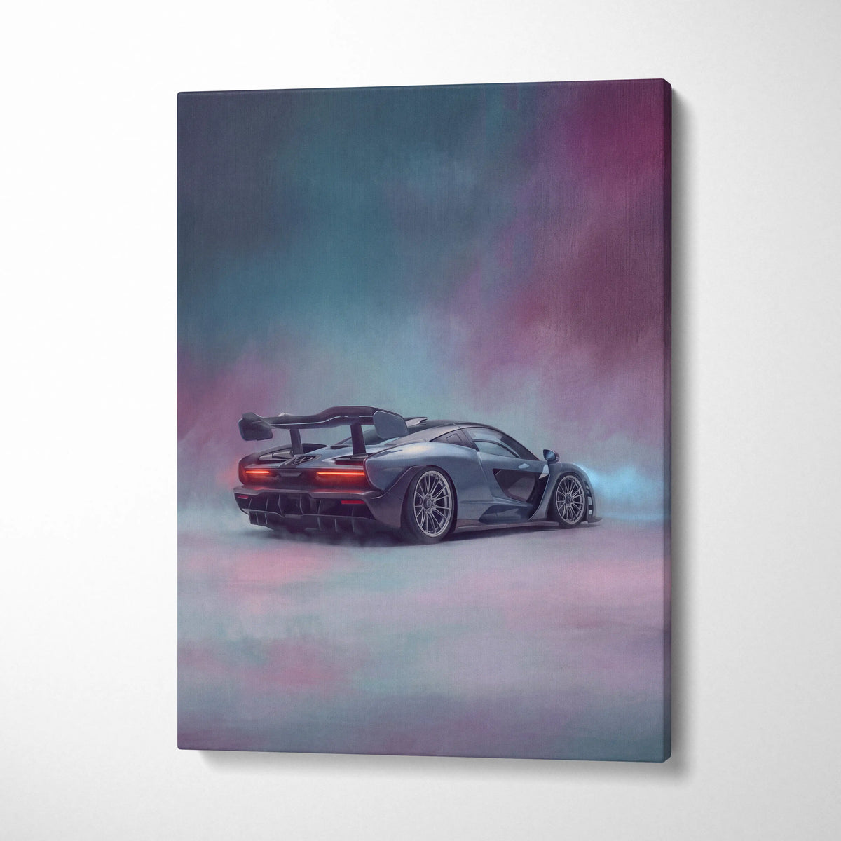A sleek matte gray mclaren senna inspired supercar canvas art print with glowing red taillights and purple-blue effects