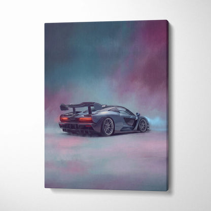 A sleek matte gray mclaren senna inspired supercar canvas art print with glowing red taillights and purple-blue effects