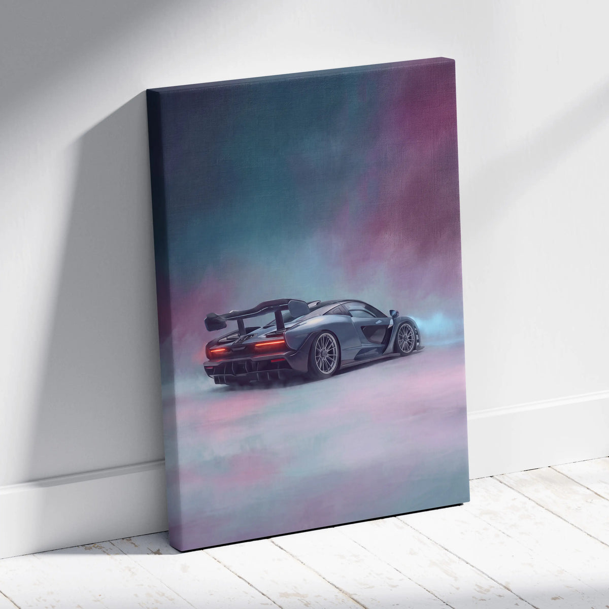 McLaren Senna inspired supercar canvas art featuring a matte gray sports car with rear wing and glowing taillights