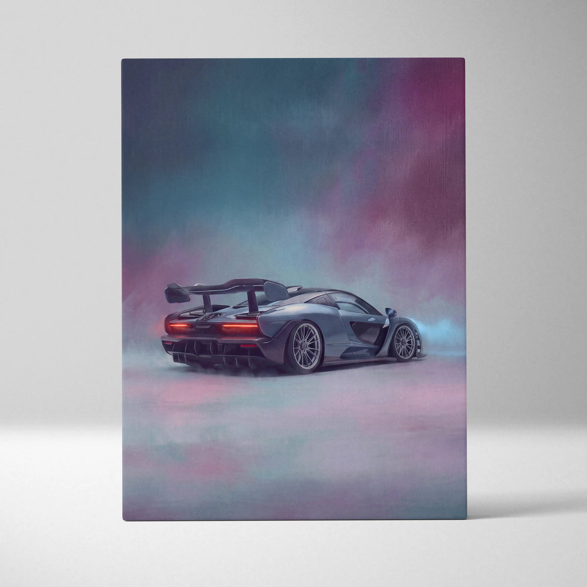 Mclaren senna inspired supercar canvas art showing a sleek matte gray sports car with glowing red taillights and nebula background